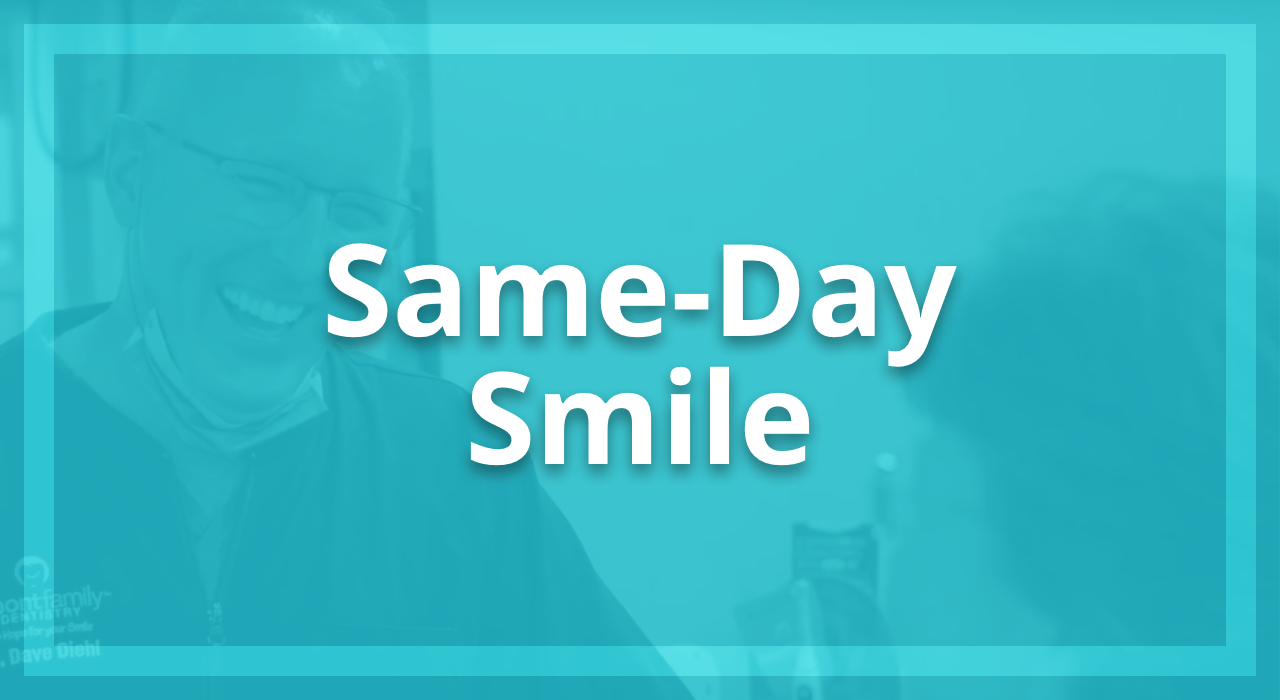 Same-Day Smile at Dupont Family Dentistry. Teal overlay on image of Dr. Diehl smiling while speaking with patient at office. Learn more.