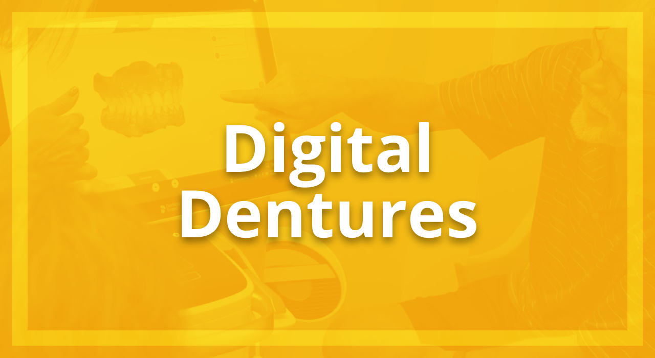 Digital Dentures at Dupont Family Dentistry. Yellow overlay on image of Dupont Family Dentistry dental hygienist and patient looking at digital dentures on computer. Learn more.