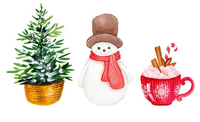 Christmas Tree, Snowman, and Hot Cocoa Illustrations